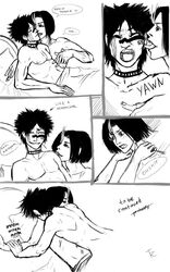 2boys ayasegawa_yumichika bedroom bleach comic gay hisagi_shuuhei monochrome naked tagme tattoo tongue_out yaoi