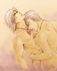 2005 2boys brothers closed_eyes dante devil_may_cry gay hug incest jewelry lara_yokoshima male male_only multiple_boys necklace nude siblings vergil white_hair yaoi