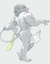 2020 anthro ass back_muscles barazoku big_muscles clothing eyewear felid fur hi_res lion looking_aside looking_at_viewer male male_only mammal mane monocle muscular muscular_anthro muscular_male necktie nude obliques pantherine ripped-saurian shirt side_view simple_background smile snow_(tokyo_afterschool_summoners) solo solo_male standing tokyo_afterschool_summoners topwear triceps undressing video_games white_background white_body white_fur white_mane