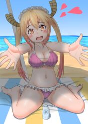 1girls beach big_breasts bikini blonde_hair dragon_girl dragon_horns dragon_tail kagarimachi_konatsu maid_headdress miss_kobayashi's_dragon_maid monster_girl orange_eyes striped_bikini swimsuit tohru_(dragon_maid) twintails