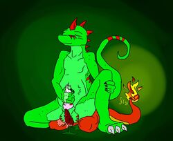 anthro charmeleon claws closed_eyes color erection fire front_view furry furry_only gay green_skin guan handjob interspecies kneeling male male_only multiple_males nintendo no_humans nude penis pokémon_(species) pokemon raised_tail red_skin sitting tail tail_fire yaoi