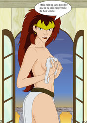 1girls covering_breasts demona disney dominique_destine fab fab3716 female female_only french_text gargoyles human human_only light-skinned_female light_skin mature mature_female red_hair solo solo_female tagme two_tone_hair undressing