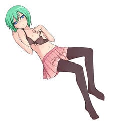 black_legwear blue_eyes bra feet flat_chest green_hair lingerie lucky_star lying minami_iwasaki nipples nnyu short_hair skirt tear thighhighs underwear undressing