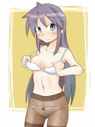 bra_lift breasts hiiragi_miki lingerie long_hair lucky_star miki_hiiragi milf panties panties_under_pantyhose pantyhose purple_hair see-through shing_(sorairo_factory) shing_xiang_bei underwear undressing