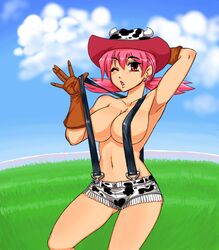 armpits bare_shoulders breasts cowboy_hat cowgirl female female_only gym_leader hat human kitsune-tsuki_(getter) large_breasts nintendo pink_hair pokemon pokemon_gsc solo suspenders tied_hair topless twintails whitney_(pokemon) wink