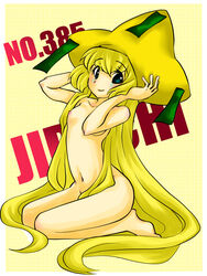 1girls breasts color female female_only gajinka hair hat jirachi looking_at_viewer nude pokemon pokemon_(species) sitting smile solo solo_female tagme very_long_hair yellow_theme yukihana_(artist)