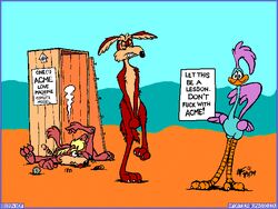 anthro avian bird english_text female furry looney_tunes mammal road_runner_(looney_tunes) roadrunner soft_feathers text wile_e._coyote