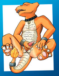 3_toes 4_fingers anthro charmeleon claws closed_eyes collar color fire front_view gebji handjob male male_only masturbation nintendo nude orange_skin pokémon_(species) pokemon pokemon_(species) sitting solo tail tail_fire