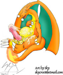 2003 charizard color cum erection feral feral_only fire male male_only nintendo nude penis pokemon pokemon_(species) side_view sitting skycroc solo tagme tail tail_fire