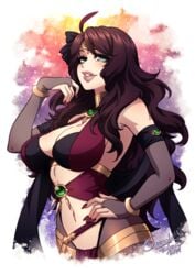 1girls armpits bare_midriff brown_hair cleavage crescentia dorothea_arnault dorothea_arnault_(plegian) fire_emblem fire_emblem:_three_houses fire_emblem_heroes green_eyes large_breasts lips long_hair long_nails looking_at_viewer nintendo red_nails solo thick_lips