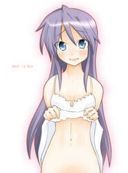 blue_eyes engrish female female_only hiiragi_miki human lingerie long_hair lucky_star midriff miki_hiiragi milf purple_hair ranguage shing_(sorairo_factory) shing_xiang_bei skirt skirt_lift solo underwear