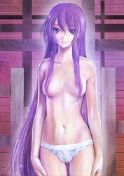 bakemonogatari censor_hair censored convenient_censoring hair_over_breasts long_hair looking_at_viewer monogatari_(series) navel panties print_panties purple_hair senjougahara_hitagi solo striped striped_panties topless underwear underwear_only very_long_hair yusao