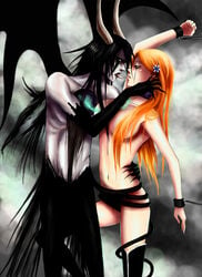 1boy 1girls arrancar artist_request bleach bondage demon espada female hair_covering_breasts horns human imminent_rape inoue_orihime large_breasts monster orange_hair tagme tail tears topless ulquiorra_cifer wings