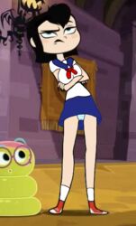 accurate_art_style black_hair black_lips black_lipstick blue_eyes blue_striped_panties blush disney_channel edit edited edited_screencap eyelashes female hotel_transylvania hotel_transylvania:_the_series japanese_clothes mavis_dracula miniskirt panties school_uniform schoolgirl screencap screenshot screenshot_edit short_hair short_skirt short_sleeves sony_pictures_animation teenager uniform