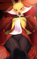 10:16 absurd_res anthro blush bottomless breasts canid canine delphox detailed_background exposed_pussy female fur genitals hi_res inner_ear_fluff katahane3 looking_at_viewer mammal nintendo no_panties pokémon_(species) pokemon pussy solo text tuft video_games