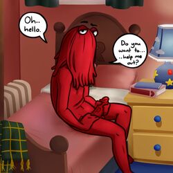 1:1 2016 anthro bed bedroom dialogue don't_hug_me_i'm_scared english_text erection furniture genitals hair holding_penis humanoid lamp looking_at_viewer male male_only masturbation not_furry nude on_bed penile penile_masturbation penis red_body red_guy_(dhmis) red_hair red_penis sitting sitting_on_bed solo talking_to_viewer text ubernerdmaster