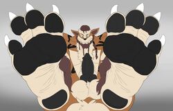 1boy 2020 44vex 4_toes animal_genitalia animal_penis anthro arcanine balls bara big_balls black_markings black_pawpads black_penis brown_body brown_fur canid canine_penis claws feet flat_colors foot_fetish foot_focus fur genitals gradient_background hands_behind_head heterochromia hi_res humanoid_feet looking_at_viewer male male_only mammal markings nintendo nukacloud pawpads penis pokemon pokemon_(species) simple_background solo tan_balls toes video_games white_claws wrinkled_feet