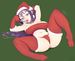 1girls bikini bleeding blood christmas doki_doki_literature_club fiera_(artist) hair_ornament huge_breasts knife purple_eyes purple_hair santa_hat solo spread_legs spreading stockings watermark yuri_(doki_doki_literature_club)