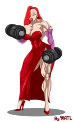 alpha_channel disney dress dumbell elbow_gloves exercise for_sticker_use hair_over_one_eye high_heels hyper_muscles jessica_rabbit light-skinned_female matl muscular_female red_hair red_lipstick sticker_template transparent_background transparent_png watermark weightlifting who_framed_roger_rabbit working_out workout