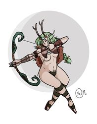 2020 armwear artemis artemis_(hades) bow_and_arrow bushy_pubes casual european_mythology female footwear greek_mythology green_hair hades_(game) indecentwanton legwear mythology nude_female open_toe_shoes outerwear pale_skin pubic_hair solo_female supergiant_games weapon