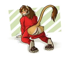 anthro anus ass balls blush butt_flap feet felid feline felis genitals lion male male_only mammal nicnak044 onesie pantherine pawpads paws solo tongue tongue_out