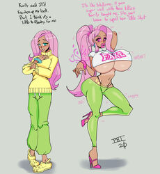 1girls alternate_skin_color big_ass big_breasts bimbo bimbofication bimbophi bracelet breast_expansion breast_implants clothing crocs dark-skinned_female dark_skin dialogue fluttershy_(mlp) green_eyes high_heels huge_lips long_hair my_little_pony nipple_bulge pink_eyes pink_hair ponytail solo_female straight_hair tagme text transformation watermark