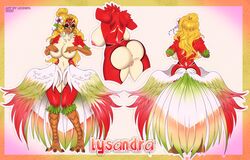 absurd_res accessory anthro ass avian beak big_breasts bird breasts digital_media_(artwork) european_mythology feathered_wings feathers female flower flower_in_hair greek_mythology green_eyes hair hair_accessory hi_res leonifa looking_at_viewer lysandra_(neerishia) markings multicolored_body mythological_avian mythological_firebird mythology nipples non-mammal_breasts nude phoenix plant simple_background smile solo wings