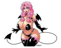 big_breasts braids cleavage female female_only gloves latex latex_gloves lorddragonmaster pink_hair purple_eyes revealing_clothes skimpy_clothes tagme tail thighhighs twintails wings