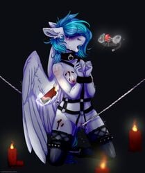 2020 anthro ball_gag black_collar blue_hair bondage bondage bound breasts candle collar crotch_rope equid equine feathered_wings feathers female gag genitals hair heroin-burn hi_res kneeling lit_candle mammal nipples pegasus pussy red_ball_gag rope submissive submissive_anthro submissive_female wax_play white_rope wings