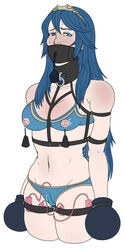 1girls bangs blue_hair bondage bondage_mittens breasts collar female femsub fire_emblem fire_emblem_awakening gag gloves hair_between_eyes highres inflatable_gag inflatable_insertable latenu long_hair looking_at_viewer lucina_(fire_emblem) nintendo nipple_pinch nipple_weights nipples posture_collar remote_control_vibrator sex_toy simple_background solo solo_female transparent_background vibrator weights_(bdsm)