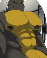 2019 abs anthro big_muscles big_penis black_body blue_eyes dragon genitals hi_res huge_cock huge_pecs male male_only muscular muscular_anthro muscular_arms muscular_male pecs penis scalie solo vein veiny_penis weight_room western_dragon yellow_penis zawn