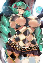 clothing erect_nipples erect_nipples_under_clothes fiore_brunelli gloves green_hair hair_ribbon huge_breasts large_breasts looking_at_viewer revealing_clothes skirt star_ocean star_ocean_integrity_and_faithlessness takamura_wamu thigh_gap thighs