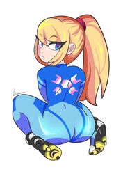 ass bbycheese blonde_hair clothing metroid samus_aran sitting