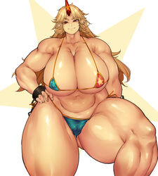 asian_mythology biceps big_breasts big_muscles bikini biped blonde_hair blue_bikini blue_bottomwear blue_clothing blue_swimwear bottomwear breasts cameltoe cleavage clothed clothing curvy_figure demon east_asian_mythology female fingers front_view glistening glistening_body glistening_breasts glistening_skin hair hand_on_hip horn hoshiguma_yuugi huge_breasts humanoid humanoid_hands humanoid_pointy_ears japanese_mythology light_body light_skin long_hair looking_at_viewer micro_bikini midriff monotone_hair musclegut muscular muscular_female muscular_humanoid mythology navel nipple_bulge not_furry oni pokies portrait quads red_eyes red_horn sekiyu_(spartan) shackles simple_background skimpy slightly_chubby smile solo standing string_bikini strongfat swimwear thick_thighs three-quarter_portrait tight_clothing touhou venus_body video_games voluptuous youkai