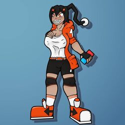 1girls antenna_hair atwistedsinner big_breasts braces brown_hair cleavage freckles hoodie huge_breasts knee_pads nintendo_switch orange_eyes reddetta reddit rule_63 shoes shorts shortstack site-tan sneakers snoo snoo-tan