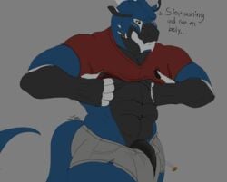 2019 abs anthro black_countershading black_penis blue_body bottomwear clothed clothing clothing_lift countershading dialogue dragon english_text flat_colors genitals grey_background grey_bottomwear grey_clothing male male_only muscular muscular_anthro muscular_arms muscular_male penis red_clothing red_topwear scalie shirt shirt_lift simple_background solo text topwear torn_clothing western_dragon zawn zawn_(character)