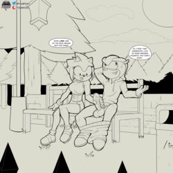 1:1 absurd_res anthro armadillo bench clothed clothing duo embarrassed english_text eulipotyphlan female fours_(artist) genitals handjob hedgehog hi_res looking_at_genitalia looking_at_penis male mammal mighty_the_armadillo pants_down park partially_clothed penile penis public rule_63 sex sonic_(series) sonic_the_hedgehog sonic_the_hedgehog_(series) sonique_the_hedgehog straight text xenarthran