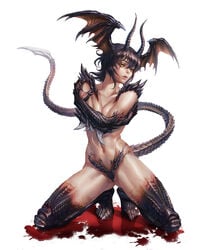 1girls 2016 antennae arms_crossed black_hair blood breasts demon_girl demon_tail demon_wings devilman devilman_lady female fit_female head_wings jun_fudo kneeling large_breasts light-skinned_female light_skin nude nude_female on_knees pinup scales sharp_claws short_hair solo white_background yellow_eyes zhen_long