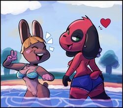 <3 2020 2girls animal_crossing anthro beach bikini bikini_top black_border bonbon_(animal_crossing) border bottomless bottomwear breasts canid canine canis cherry_(animal_crossing) cleavage closed_eyes clothed clothing cutoffs daisy_dukes denim denim_clothing domestic_dog duo ear_piercing female female_only front_view fur furry furry_only genitals green_eyes happy heart hi_res hotpants lagomorph leporid looking_at_viewer looking_back looking_back_at_viewer mammal nintendo open_mouth open_smile outside partially_submerged piercing public_exposure pussy rabbit rear_view samoyena seaside shorts smile swimwear tail topless topwear video_games water