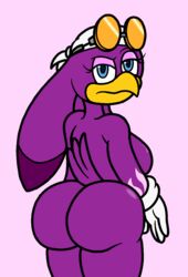 2017 annoyed anthro ass avian bandana beak big_butt bird blue_eyes breasts clothing digital_media_(artwork) eyewear female gloves looking_at_viewer mr.under nude sega simple_background solo sonic_(series) sonic_riders standing swallow_(bird) thick_thighs wave_the_swallow