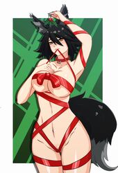 b4d blush collar large_breasts mistletoe stella_(b4d) wolf_ears wolf_tail wrapped