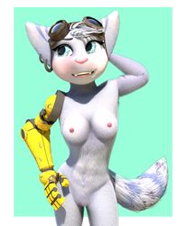 3d anthro blue_eyes breasts dizzyvixen ear_piercing eyewear eyewear_only female fur genitals goggles goggles_on_head hand_behind_head hand_on_hip lombax looking_away mammal nipples non-human_areolae nude open_mouth piercing pose prosthetic prosthetic_arm prosthetic_limb pussy ratchet_and_clank rift_apart_lombax rivet_(ratchet_and_clank) simple_background smile solo sony_corporation sony_interactive_entertainment standing striped_body striped_fur stripes teeth video_games