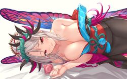 1girls :d alternate_costume amiba_(nerdamiba) bangs bare_shoulders big_breasts black_kimono blush breasts butterfly_wings cleavage collarbone condom condom_wrapper eyelashes facial_mark female fire_emblem fire_emblem_heroes forehead_mark hair_ornament heart heart-shaped_pupils highres holding holding_condom japanese_clothes kimono large_breasts long_hair long_sleeves looking_at_viewer lying nintendo obi off_shoulder official_alternate_costume on_side open_mouth plumeria_(fire_emblem) plumeria_(new_year)_(fire_emblem) pointy_ears red_eyes sash silver_hair smile solo symbol-shaped_pupils tassel thorns wide_sleeves wings