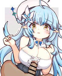 absurdres ahoge areola_slip areolae bangs bar_censor beret blue_hair braid breasts buttons censored center_frills cleavage covered_nipples cum cum_on_body cum_on_breasts d: ejaculation elf eyebrows_visible_through_hair eyes_visible_through_hair facial female flower frills frown hair_flower hair_ornament hands_up hat highres hololive hololive_gen_5 hololive_japan large_breasts long_hair multicolored_hair open_mouth outline paizuri paizuri_under_clothes penis pointless_censoring pointy_ears solo_focus streaked_hair teeth tenkasu_(aster4545) twitter_username two-tone_hair veins veiny_penis very_long_hair virtual_youtuber white_headwear white_outline yukihana_lamy