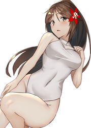 1girls amagi_(kantai_collection) bare_arms bare_thighs blush breasts brown_eyes brown_hair female female_only flower_in_hair highleg_swimsuit kantai_collection long_hair medium_breasts one-piece_swimsuit open_mouth pallad swimsuit thick_thighs thin_arms thin_waist white_swimsuit wide_hips