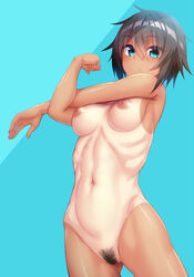 :/ aqua_eyes ass_visible_through_thighs black_hair breasts completely_nude cowboy_shot dosu_(doseven) eyebrows_visible_through_hair female hair_between_eyes hands_up highres hip_bones looking_at_viewer medium_breasts navel nipples nude one-piece_tan original perky_breasts pubic_hair puffy_nipples ribs shiny shiny_skin short_hair simple_background solo spiked_hair standing stretch tan tanline