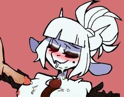 blowjob blush breasts cum dark-skinned_male dark_skin female furry goat goat_lucifer_(helltaker) handjob helltaker huge_breasts lucifer_(helltaker) male outercourse paizuri