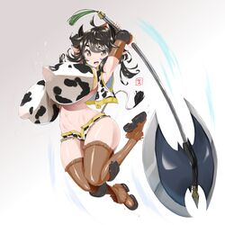 1:1 1girls 2020 absurd_res animal_ears armpits arms_above_head arms_up attack axe battle_axe bea_(adfhbcf4326) big_nipples black_hair boots bouncing_breasts breasts brown_eyes brown_legwear clothing cow_ears cow_girl cow_horns cow_print cow_tail detached_sleeves double_bitted_axe female female_only hair_between_eyes highres holding_weapon horns horseshoe huge_breasts jumping lactation lactation_through_clothes midriff milk motion_lines navel nipple_bulge open_mouth original puffy_areola ring short_shorts shorts simple_background smile solo sweat tail tail_tuft teeth thick_thighs thighhighs thighs tongue weapon white_background year_of_the_ox zettai_ryouiki