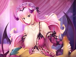 1boy1girl big_breasts censored demon_girl female fuuma_kotaro_(taimanin) game_cg handjob long_hair mireille_(taimanin_asagi) nipples nursing_handjob pink_hair purple_eyes succubus taimanin_(series) taimanin_rpgx