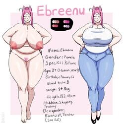 1:1 2017 animal_humanoid areola bare_shoulders big_breasts black_clothing black_footwear black_shoes blue_bottomwear blue_clothing blue_pants bmxii bottomwear breasts canid canid_humanoid canine canine_humanoid chubby_female closed_eyes clothing denim denim_clothing digital_media_(artwork) ebreenu english_text female footwear fox_humanoid front_view full-length_portrait genitals hair hair_bun hands_on_hips huge_breasts humanoid jeans light_body light_skin mammal mammal_humanoid model_sheet navel nipples nude pants pink_areola pink_background pink_ears pink_hair pink_nipples portrait pubes pussy shirt signature simple_background sleeveless_shirt slightly_chubby smile solo standing text topwear white_clothing white_shirt white_topwear